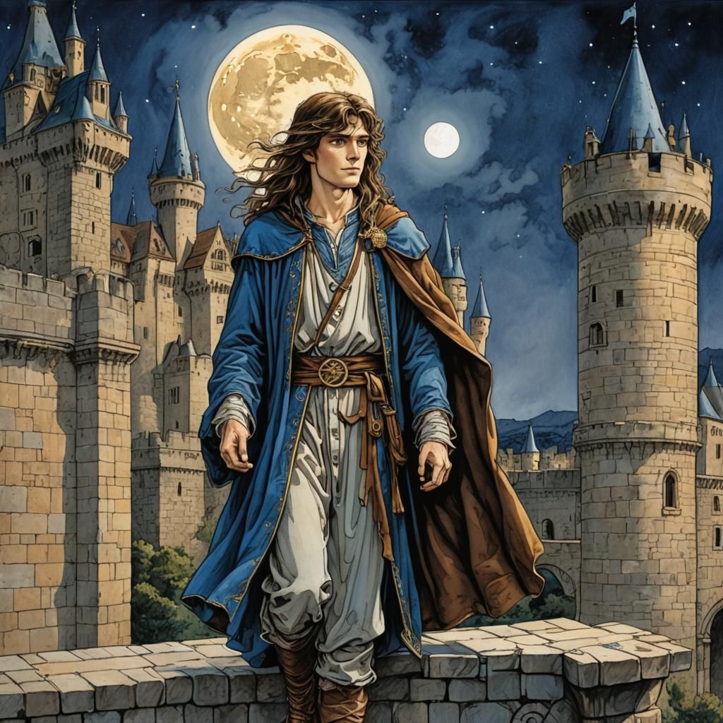 Merlin on Castle Parapet in Moonlight, Fantasy Art