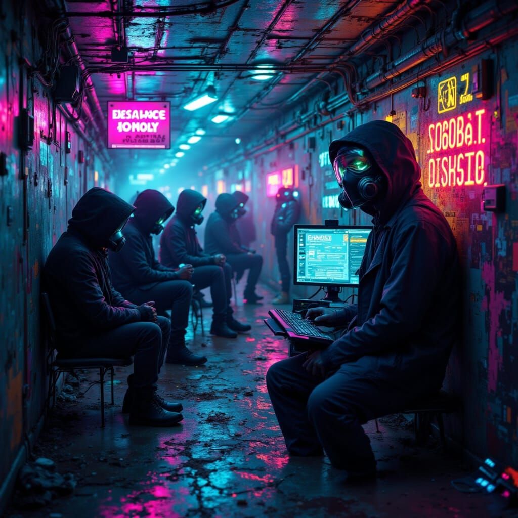 Cyberpunk Hackers in Gas Masks Under City Tunnels