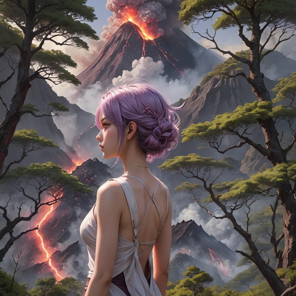 Anime Woman Observes Erupting Volcano
