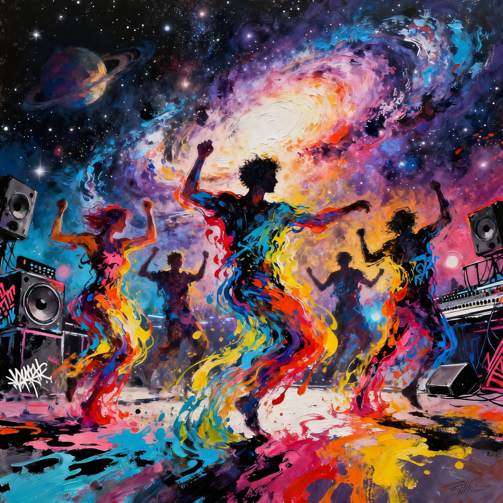 Cosmic Rave in Deep Space with Dancers and Nebulas