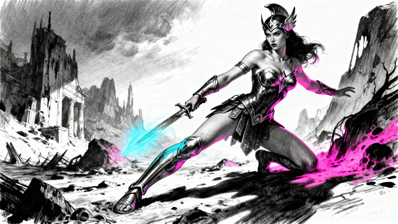 Amazon Warrior of Dying Future Earth in Synthwave Neon Horro...