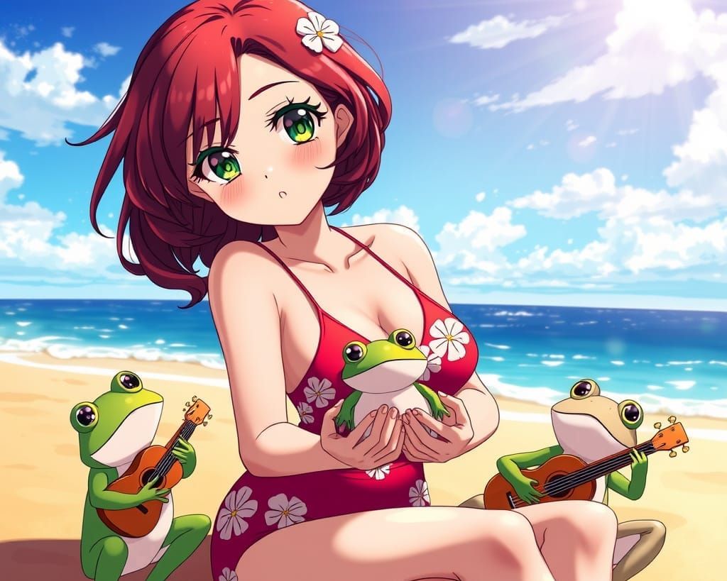 Anime Girl in Vibrant One-Piece Swimsuit Plays with Frogs on...