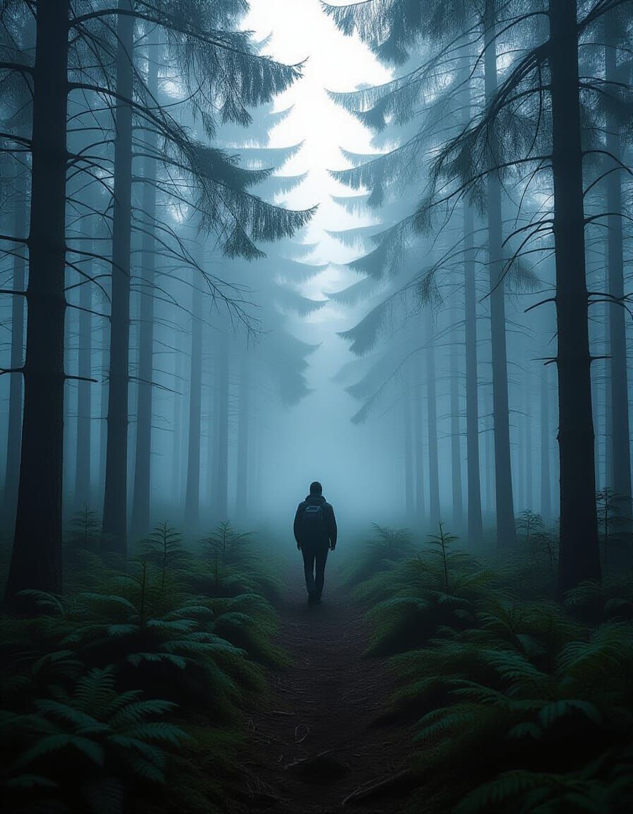 Traveler in Foggy Pine Forest with Cinematic Lighting