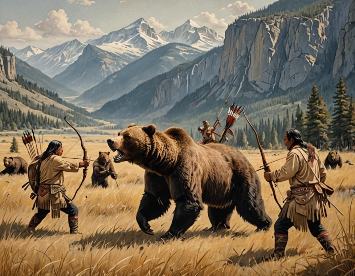 Sioux Hunters Aim at Grizzly Bear in Golden Grass