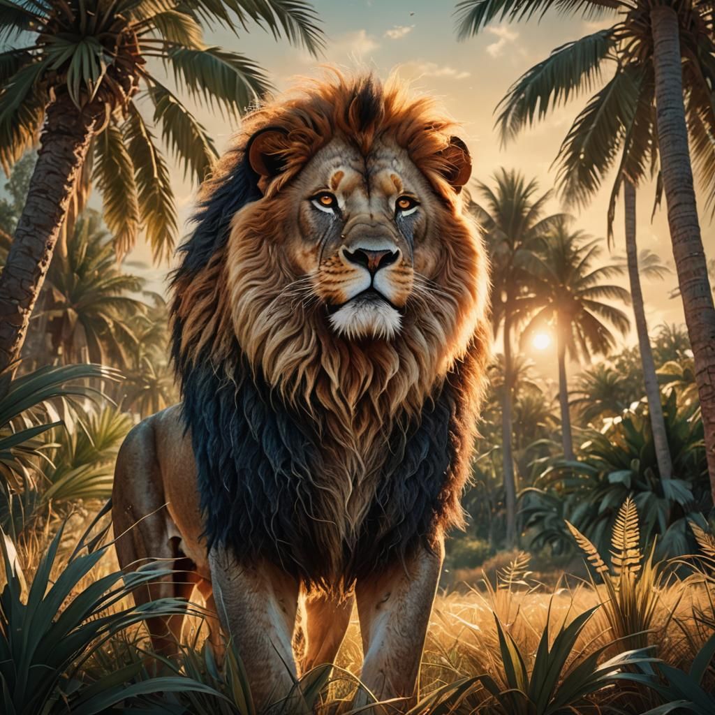 Majestic Lion in Tropical Fantasy Landscape