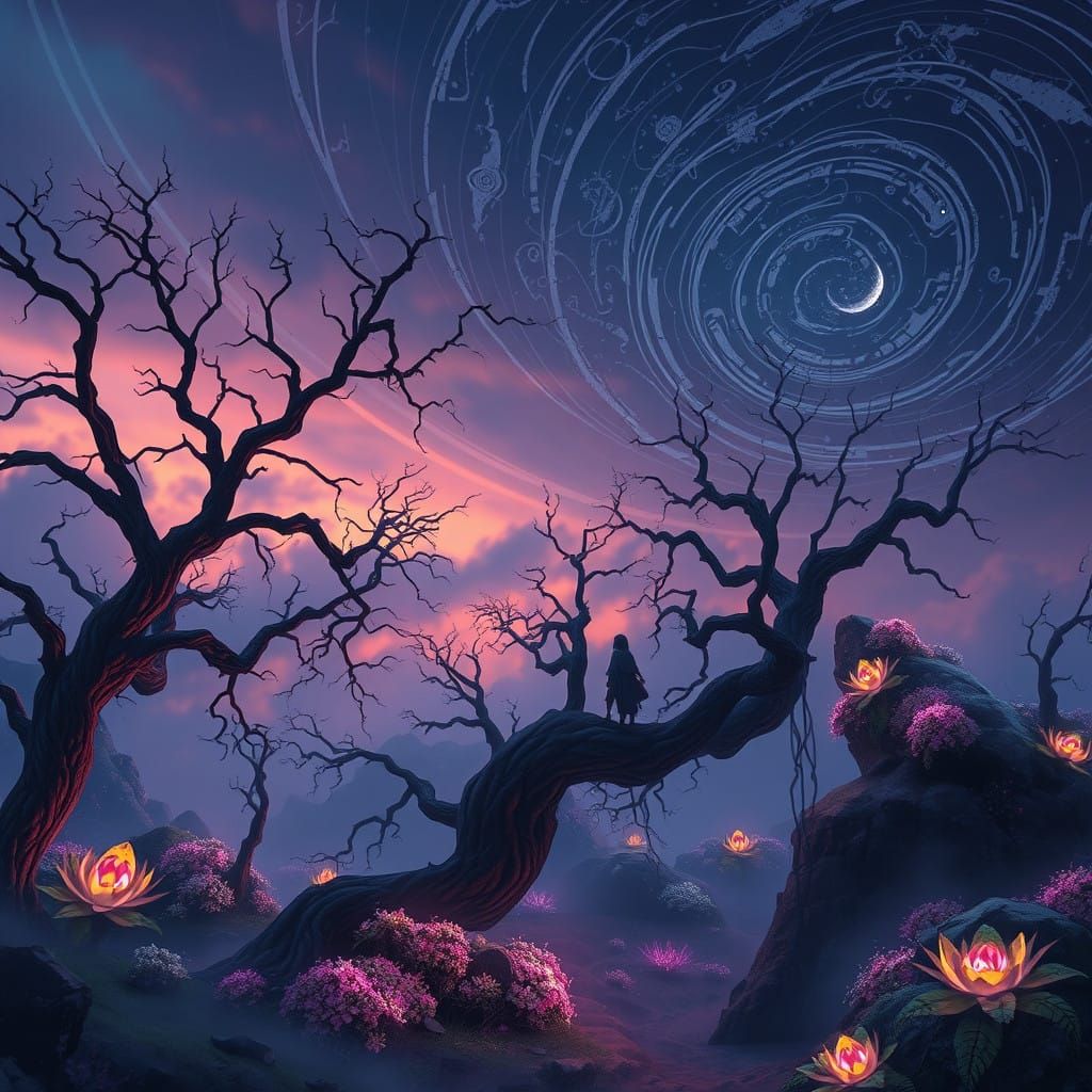 Dreamlike Twilight Realm Illuminated with Ethereal Flora