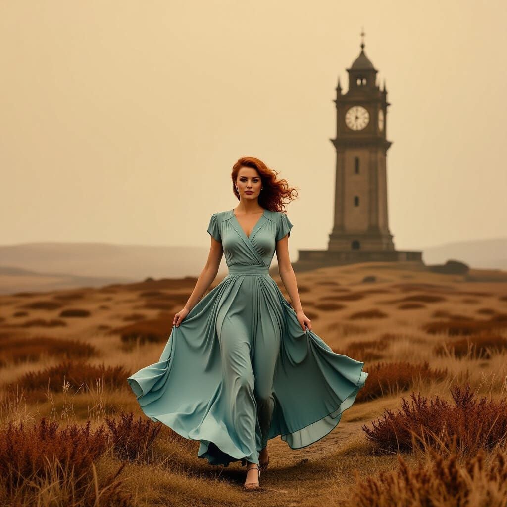 1940s Woman on Windswept Moor with Distant Clock Tower