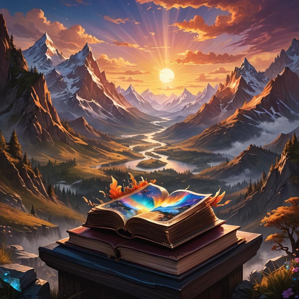 Majestic Mountain Sunset Emerging from Fantasy Book