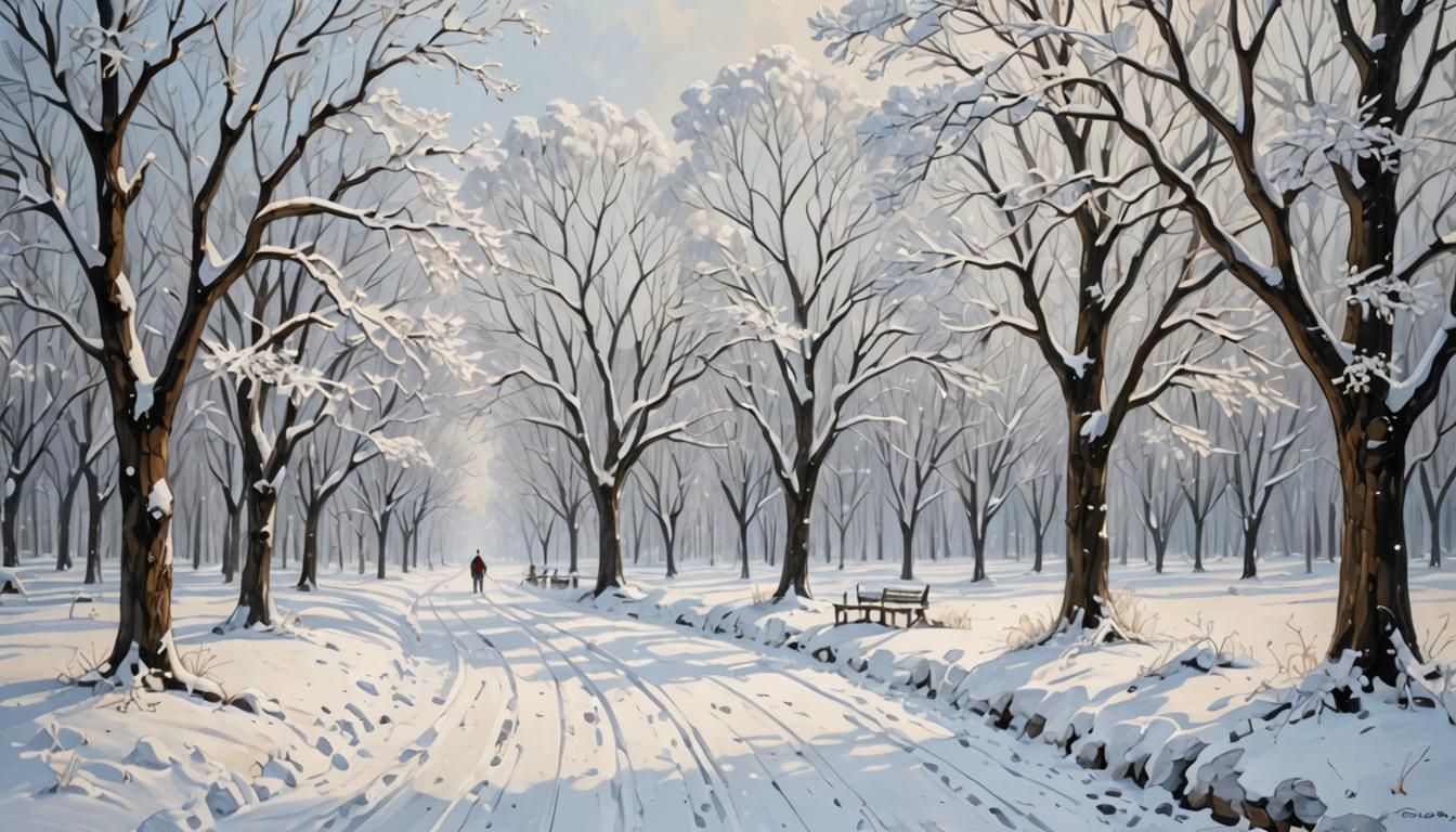 Monochromatic White Snow Scene as Impasto Painting