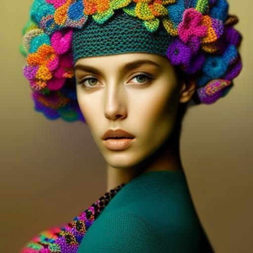 Majestic Woman in Crocheted Sweater, Ethereal Beauty in Hype...
