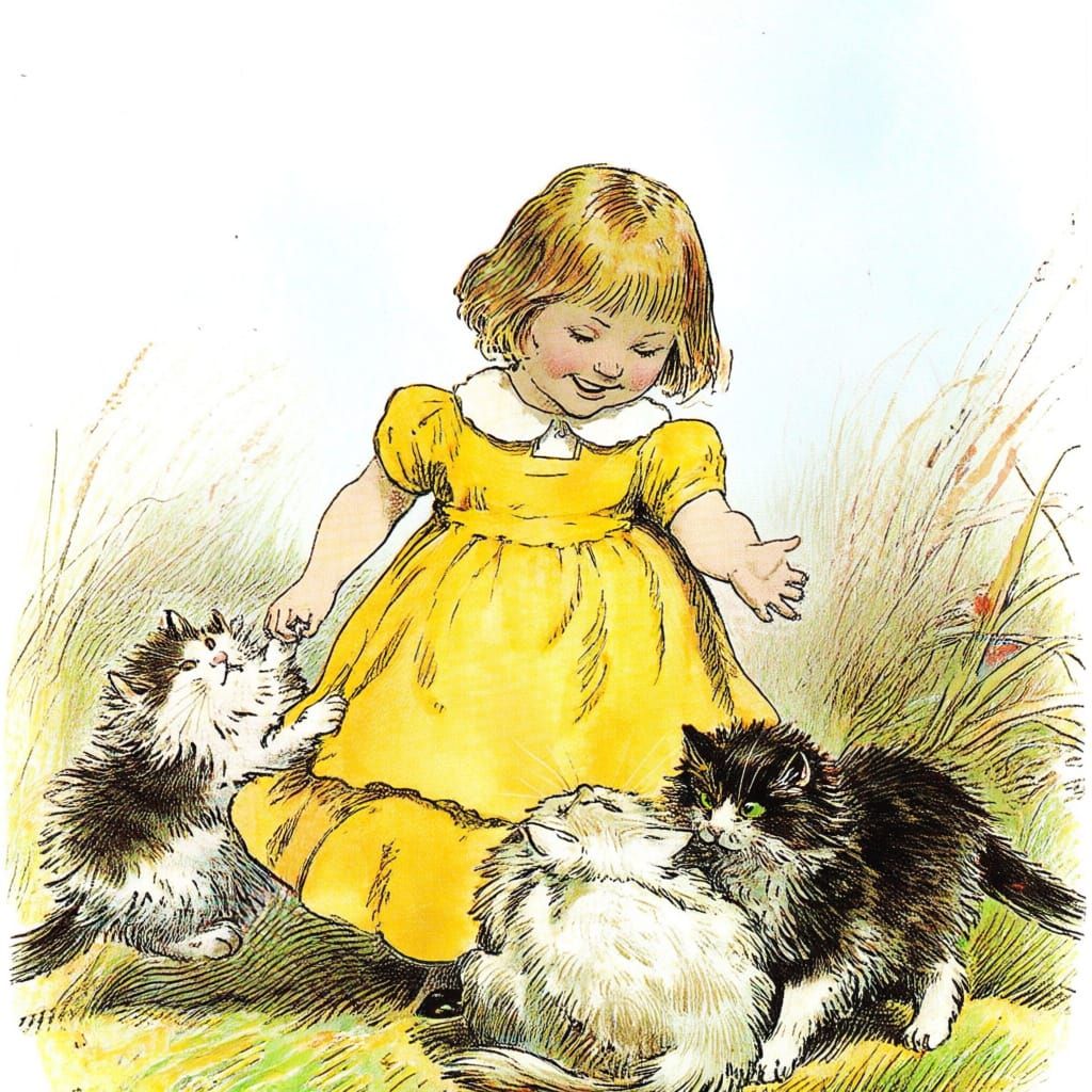 Girl Playing with Kittens in Sunny Meadow