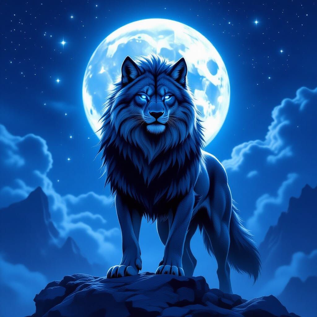 Majestic Wolf-Lion Hybrid Under Starry Night Sky