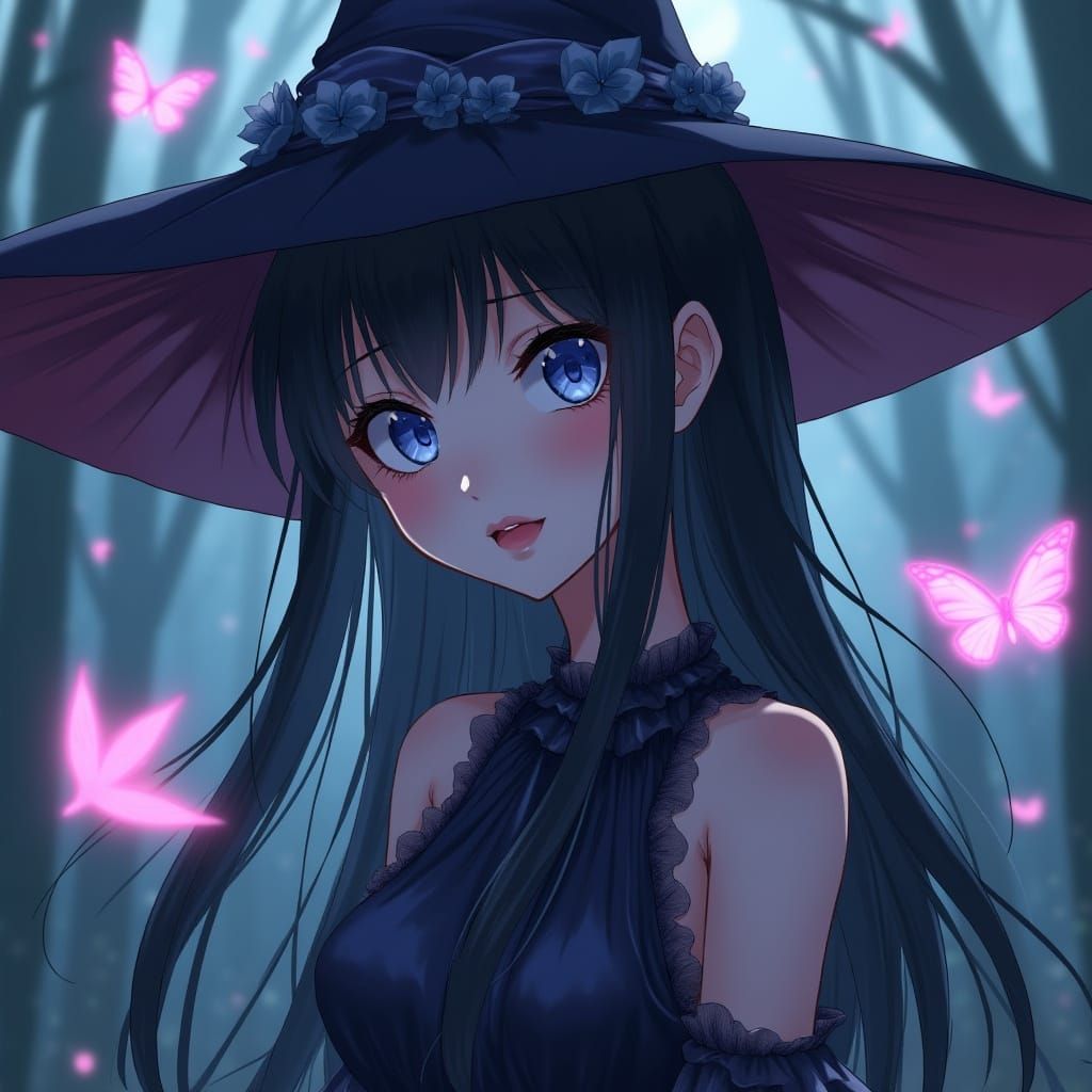 Anime Witch in Forest with Butterflies