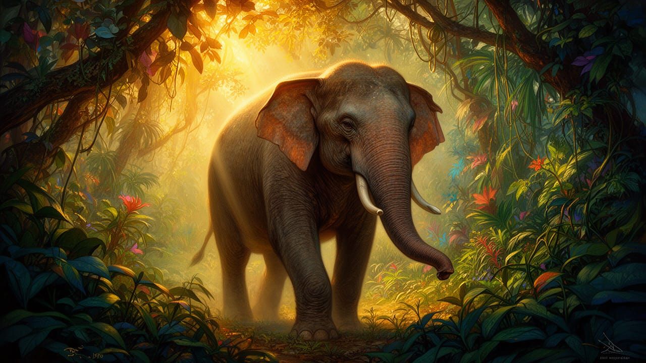 Majestic Elephant in Lush Jungle Sunlight