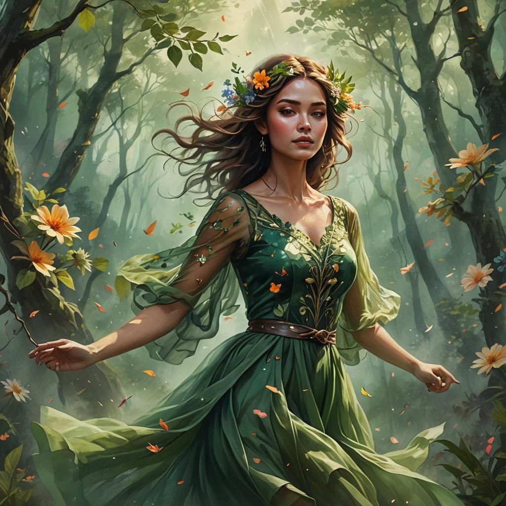 Fantasy Girl Swinging in Misty Forest, Digital Art