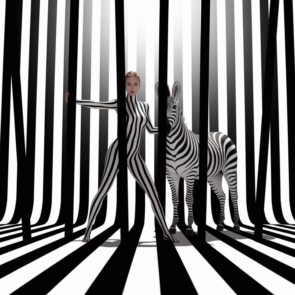 Bold Woman Merges with Striped Zebra Unicorn in Surreal Drea...