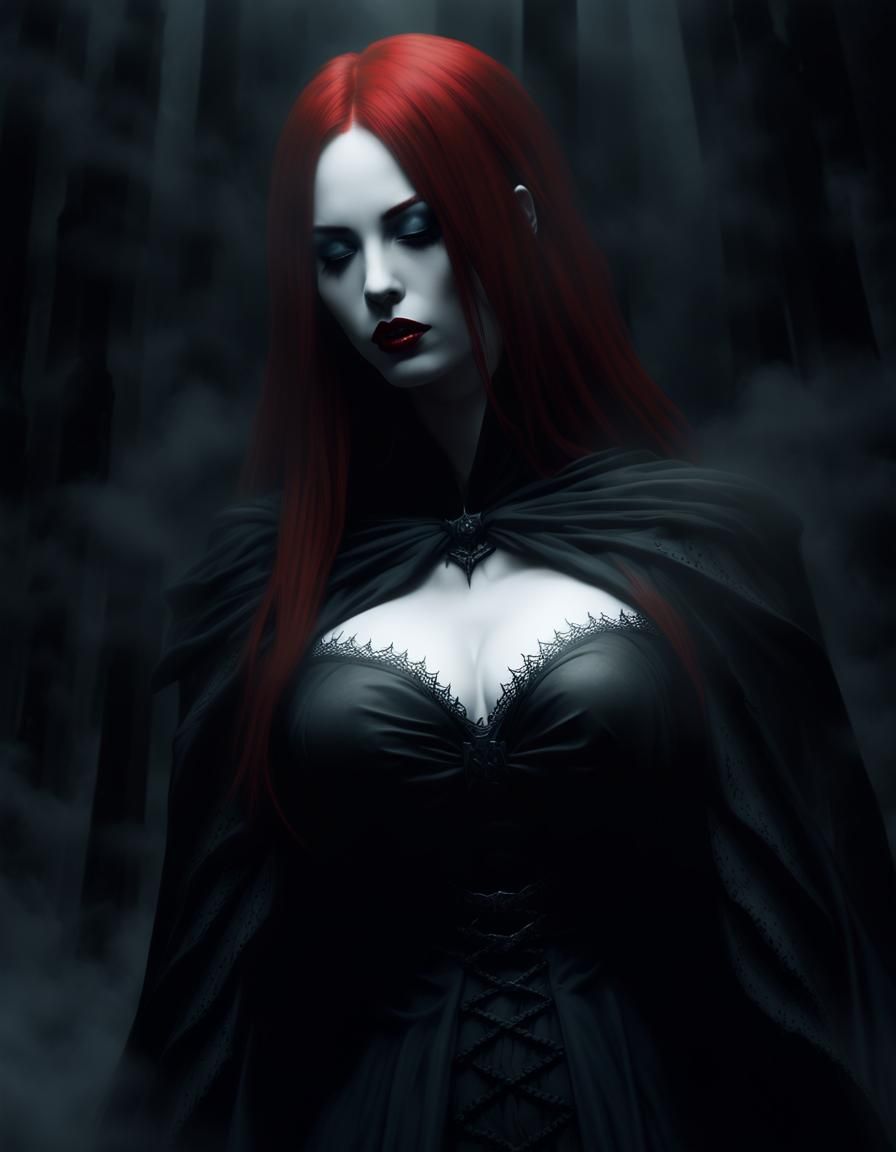 Gothic Redhead Vampire in Foggy Dark Fantasy