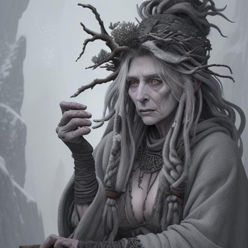 Winter Crone on Snowy Mountain: Fantasy Concept Art