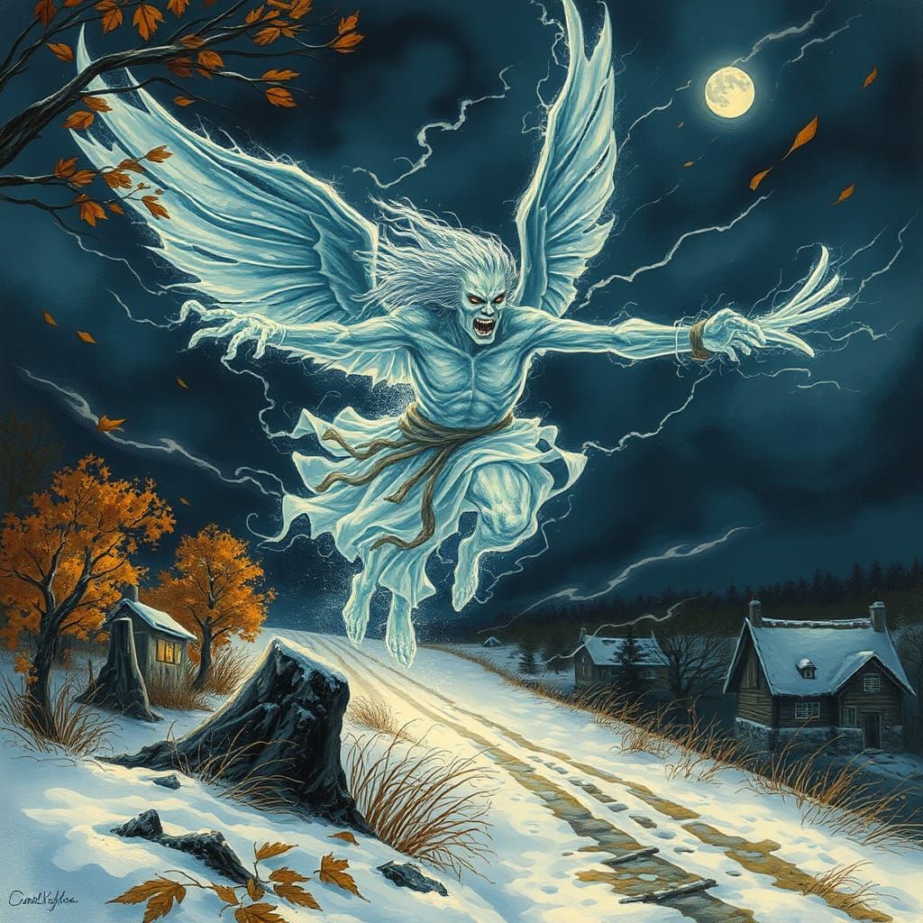 Transparent Wind Spirit in Autumn Night, Grimdark Style
