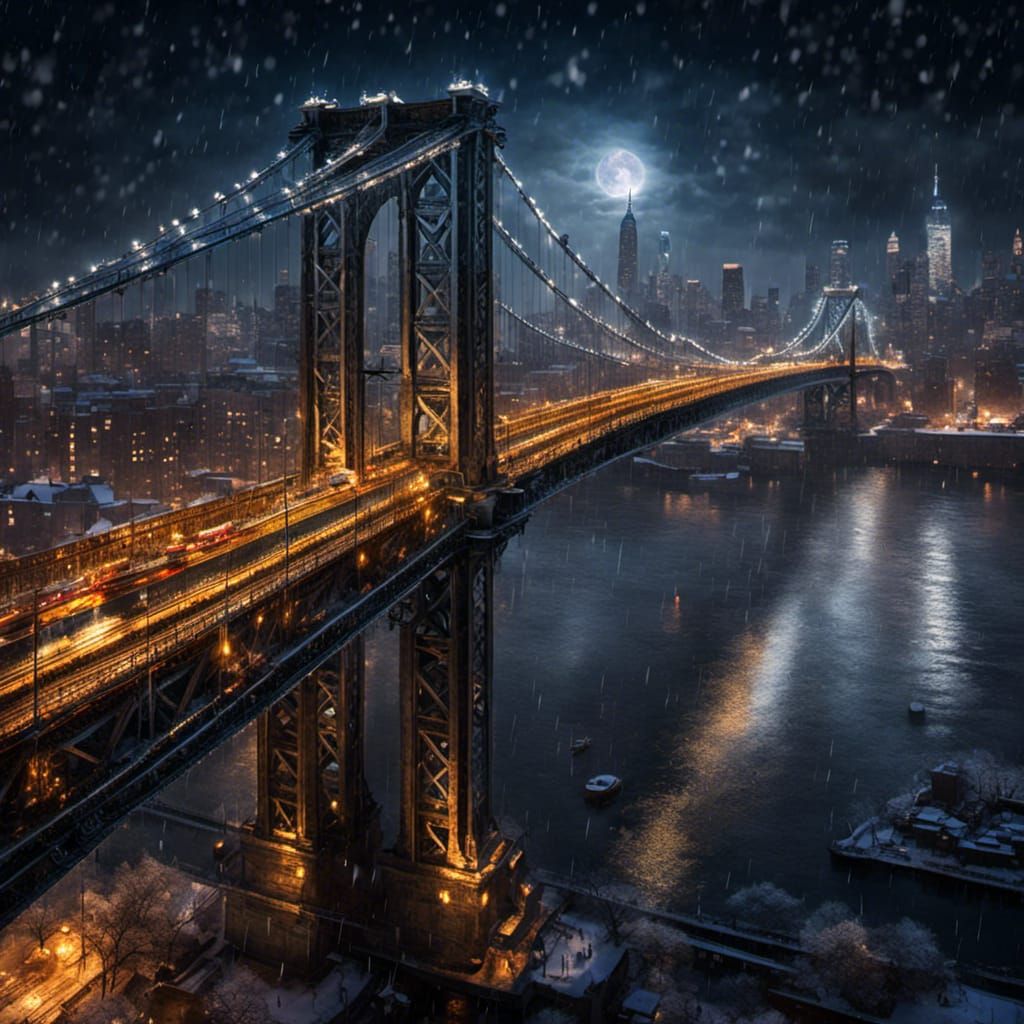 Snowy Night View of Manhattan Bridge