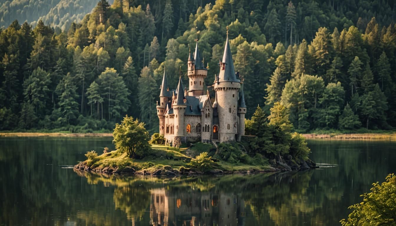 Enchanted Elven Castle on Island, Fairy Tale Photo