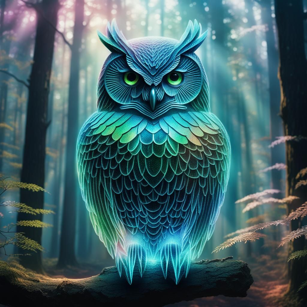 Holographic owl in the woods