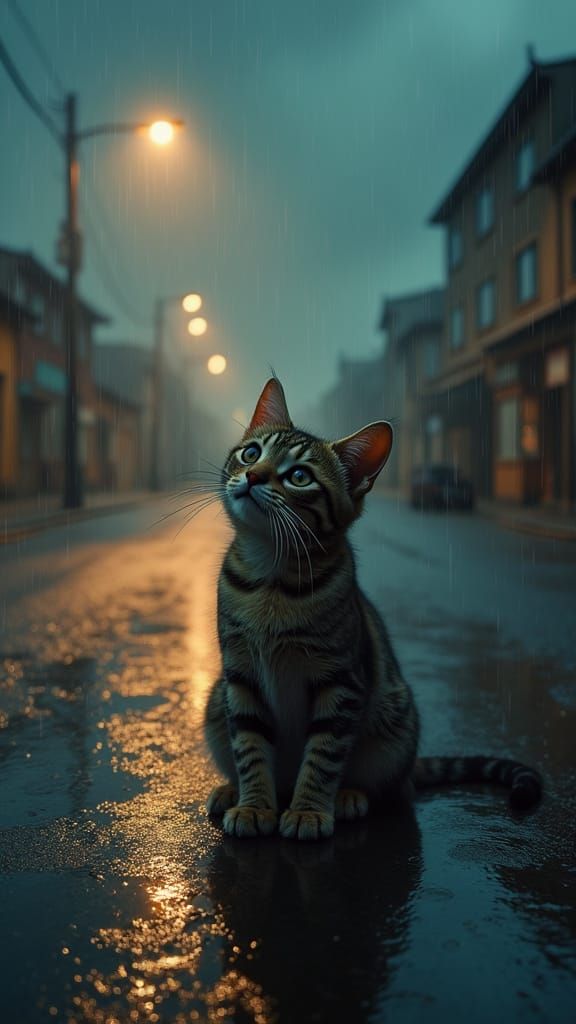 Forlorn Feline in Rainy Night, Cinematic Realism