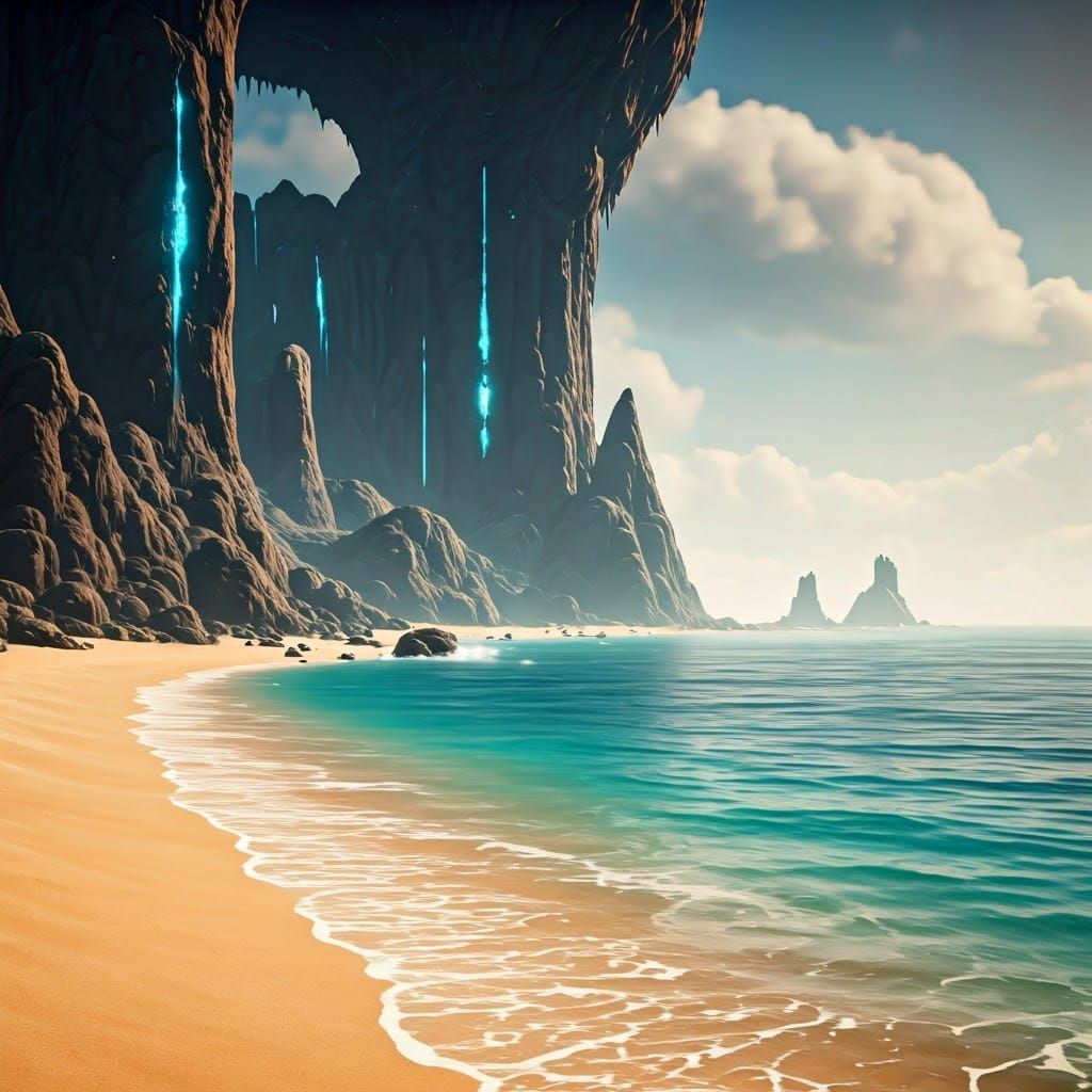 Surreal Beach Landscape with Rocky Promontory