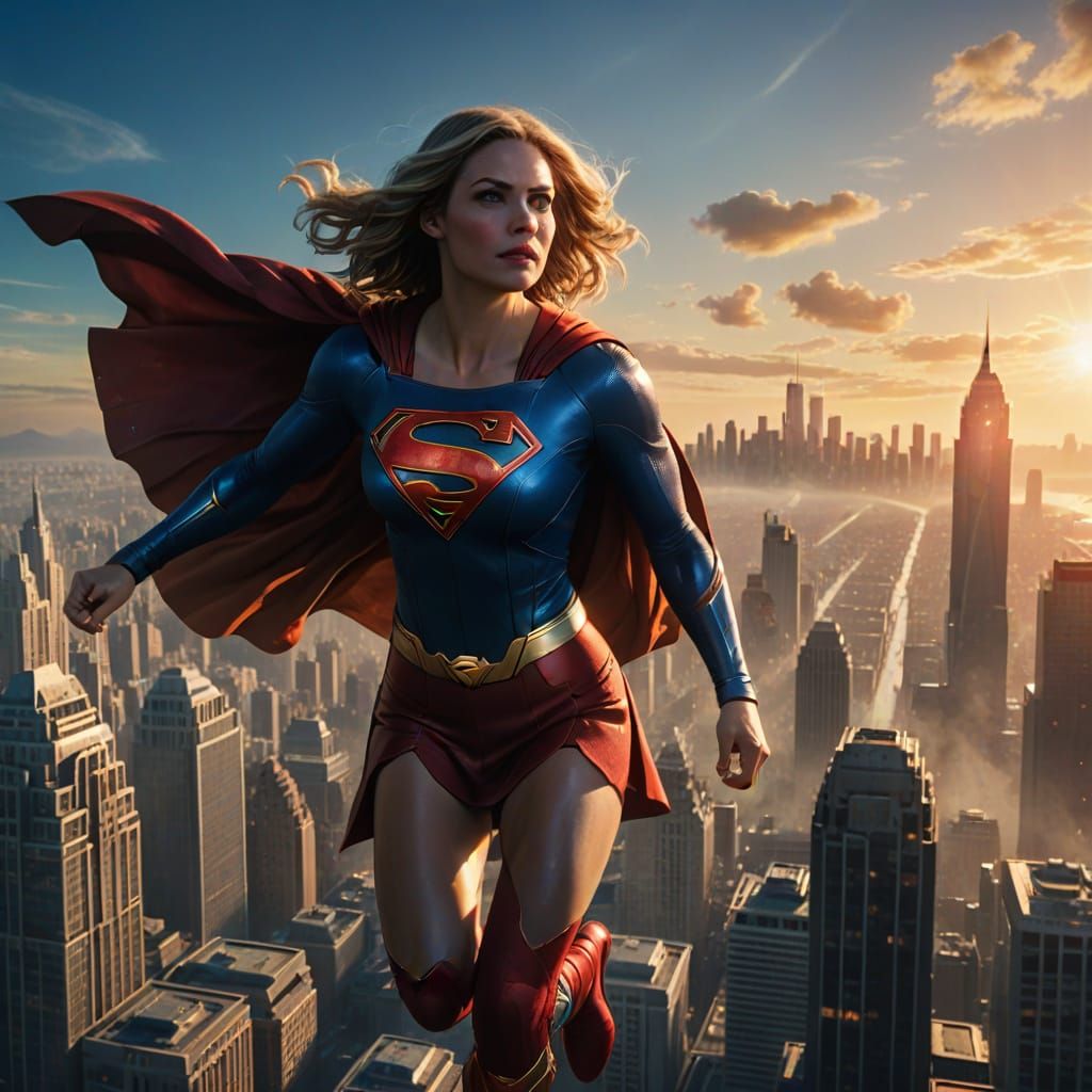 Supergirl Soaring Above Metropolis at Sunrise