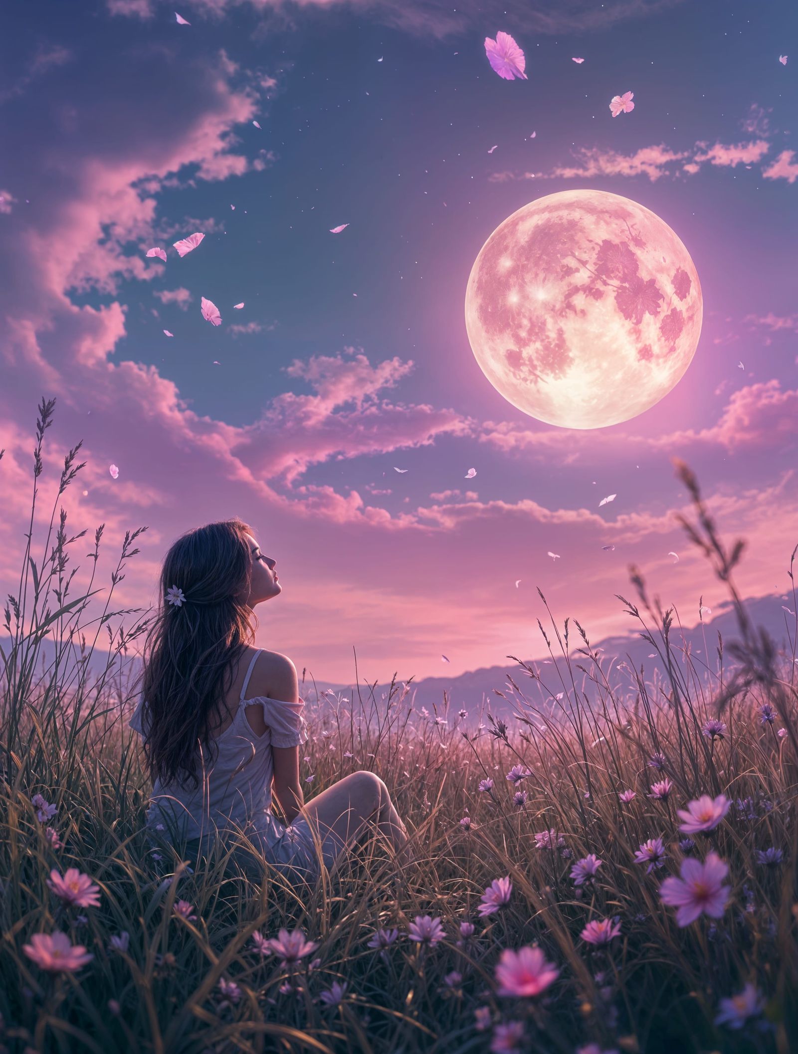 Serene Woman Under Full Moonlit Twilight