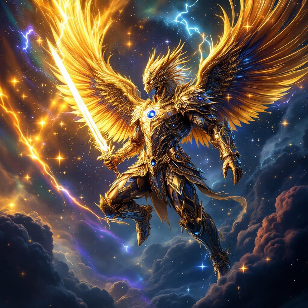 Armored Griffin Deity Wielding Sword in Cyberpunk Sky