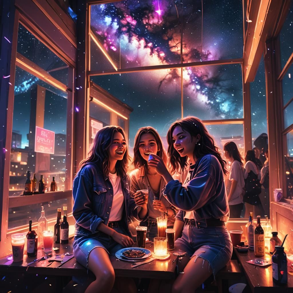 Epic Party Scene with Neon Lights and Galaxy View