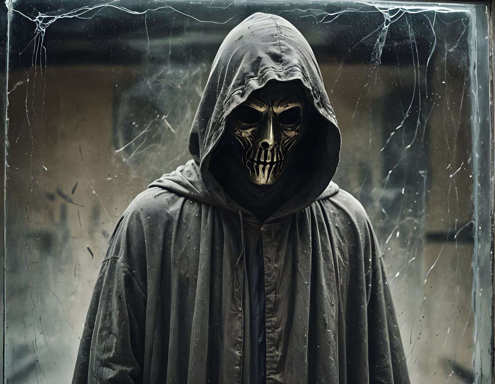 Mysterious Figure in Tattered Cloak Behind Scratched Glass