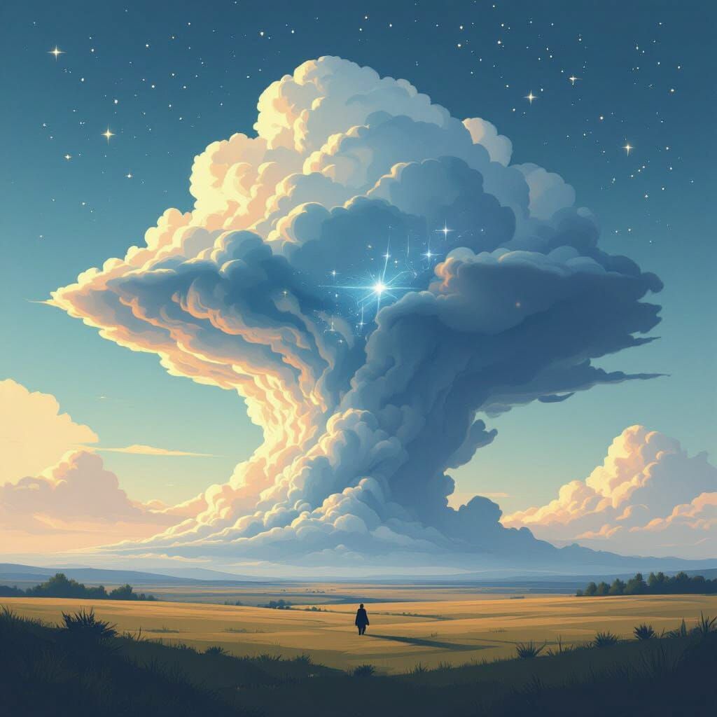 Sentient Storm Cloud Over Minimalist Landscape