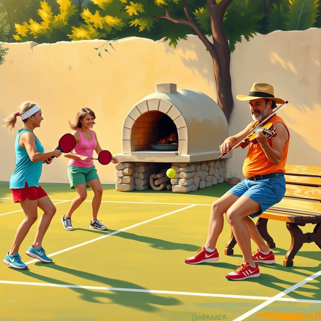 Vibrant Pickleball Players Amidst Whimsical Mediterranean Sc...