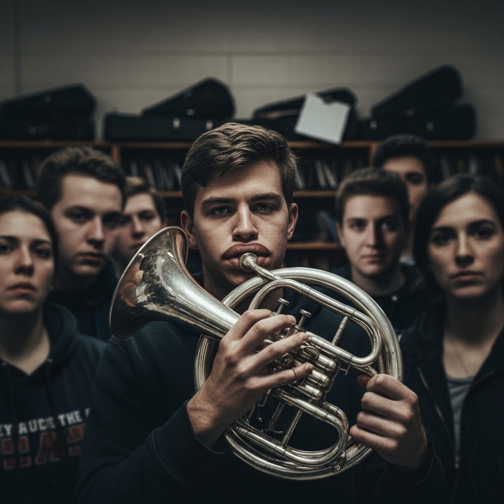High School Senior Plays Mellophone in Dramatic Portrait