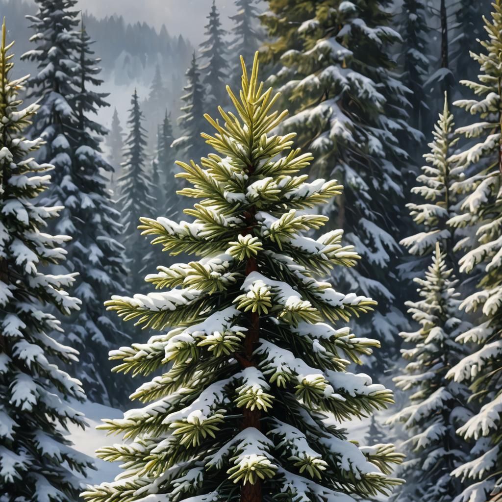 Hyperrealistic Alpine Fir with Snowcapped Peaks