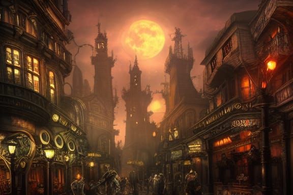 Steampunk City at Full Moon: Dark Fantasy Concept Art