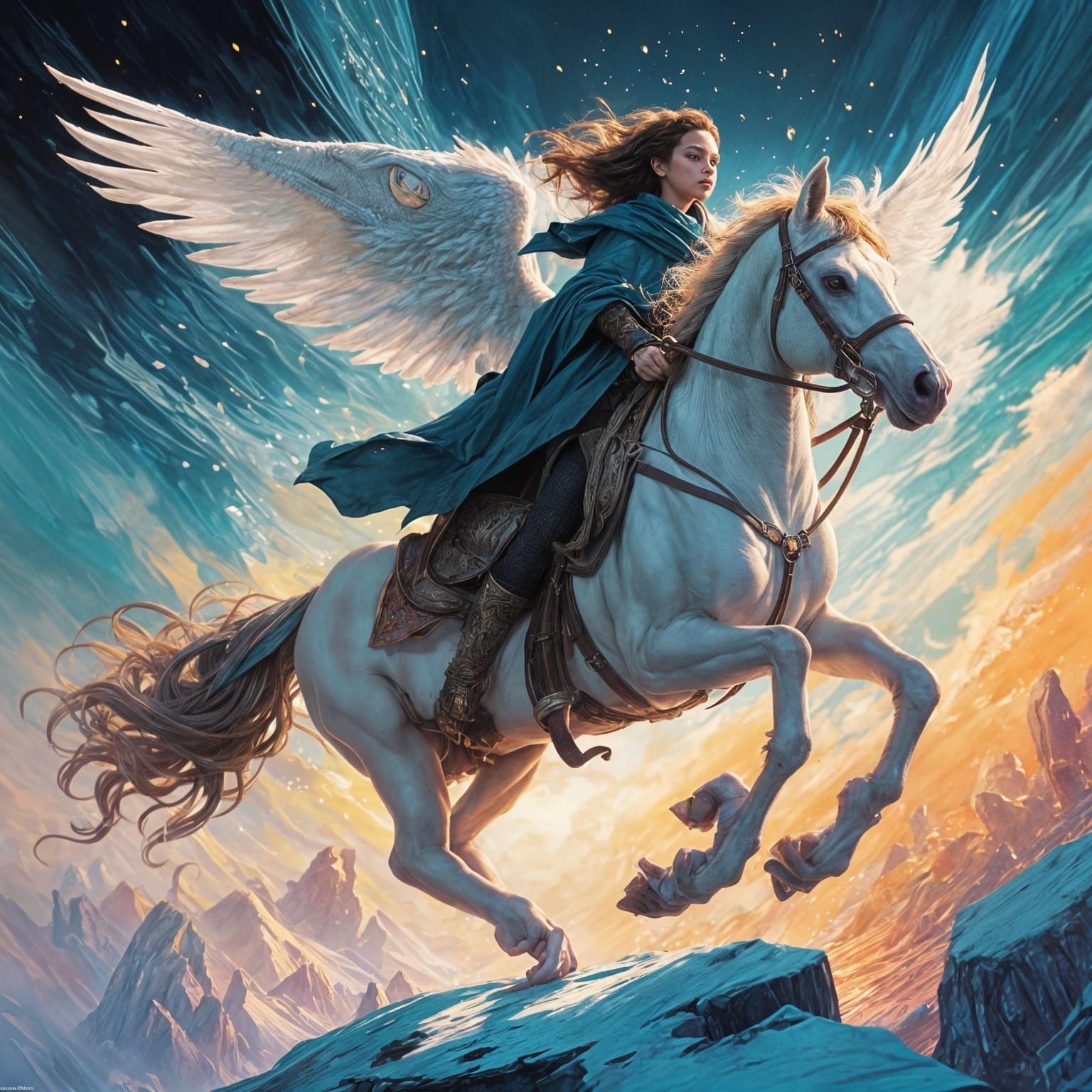 A Young Woman Rides a Pegasus in a Desert Storm