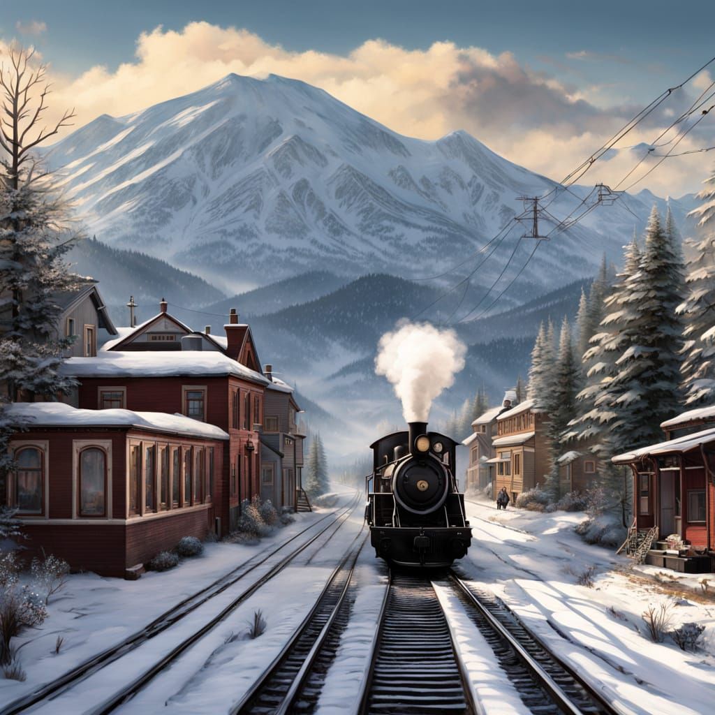 Vintage Steam Train in Snowy Mountain Landscape