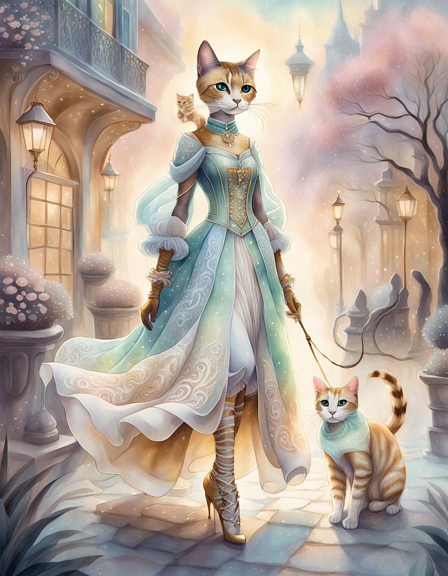 Pastel Tabaxi Fashionista with Pet Cat in Fantasy Illustrati...