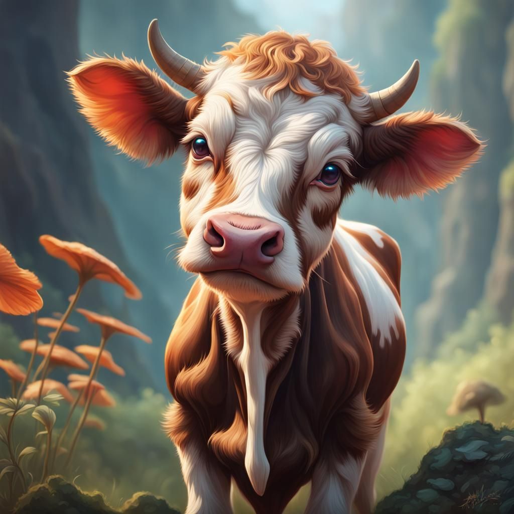 Mushroom-Wearing Cow Portrait, Artgerm Style