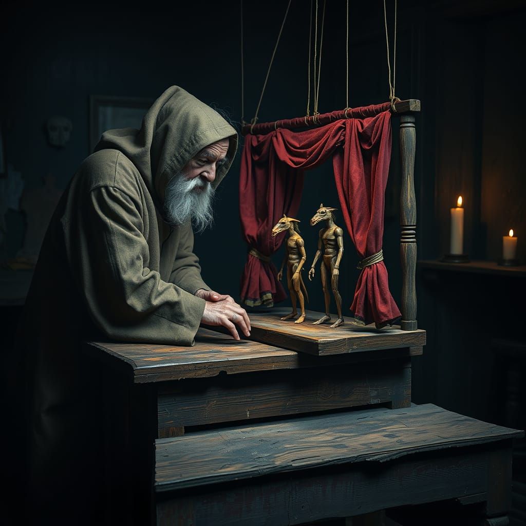 Mystic Marionette Maker in Dimly Lit Workshop