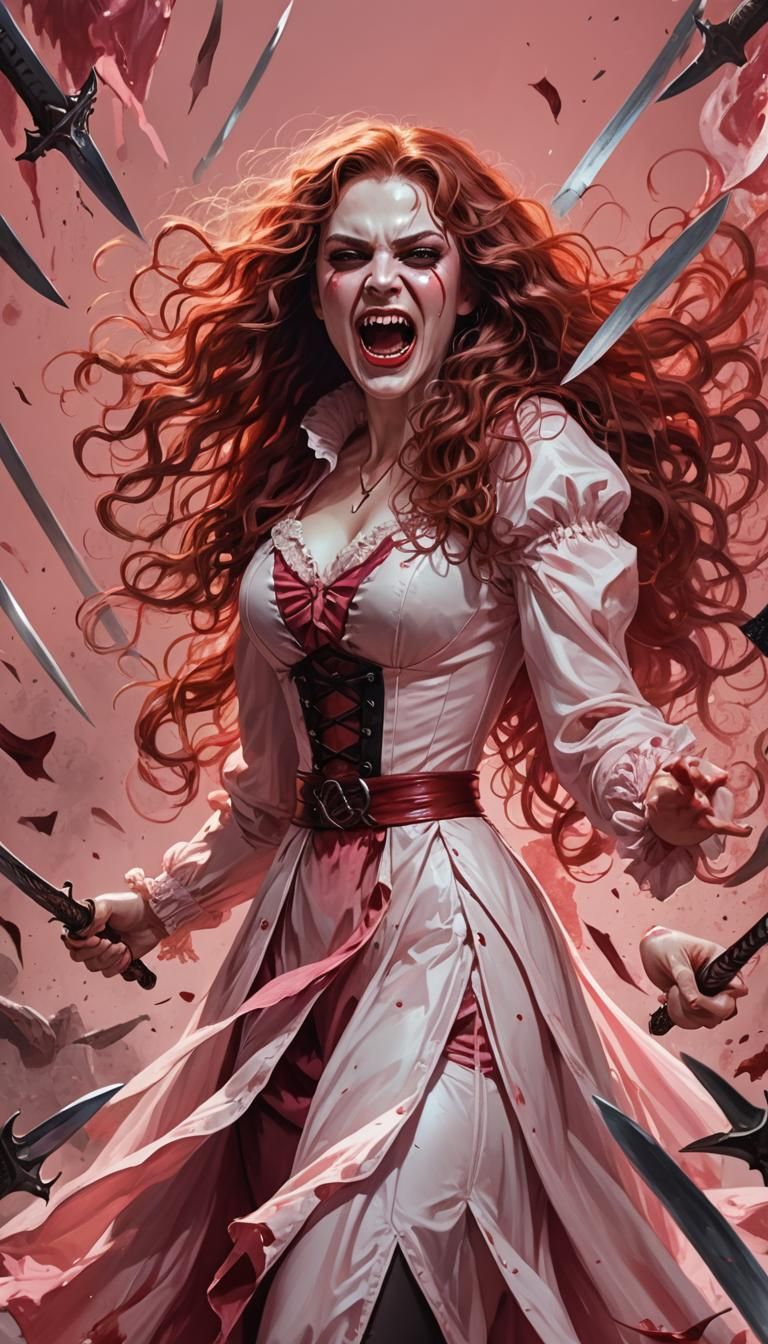 Vampire Woman in Bloody Battle, Hyperrealistic Art