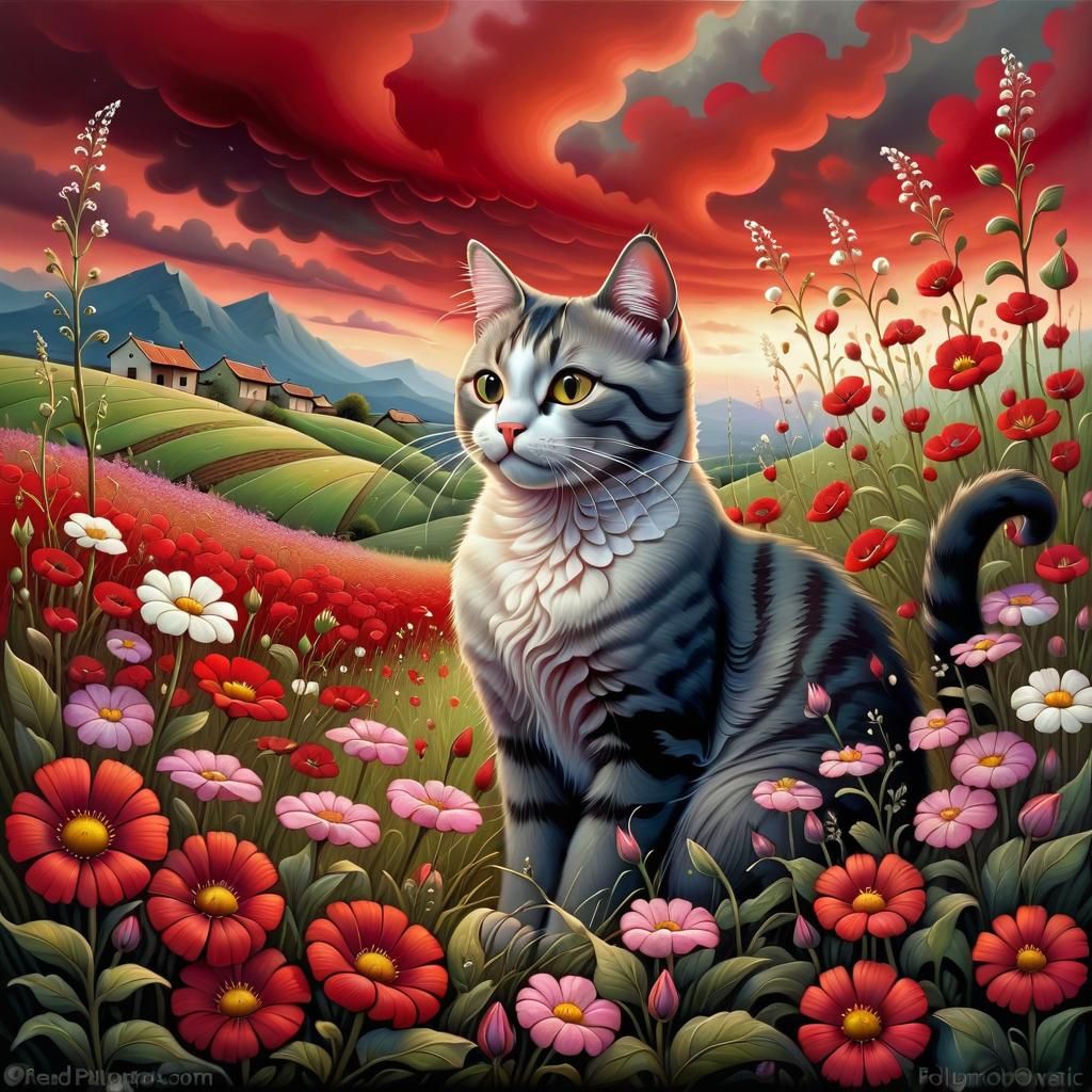 Cat in Flower Field: Folkloric Painting