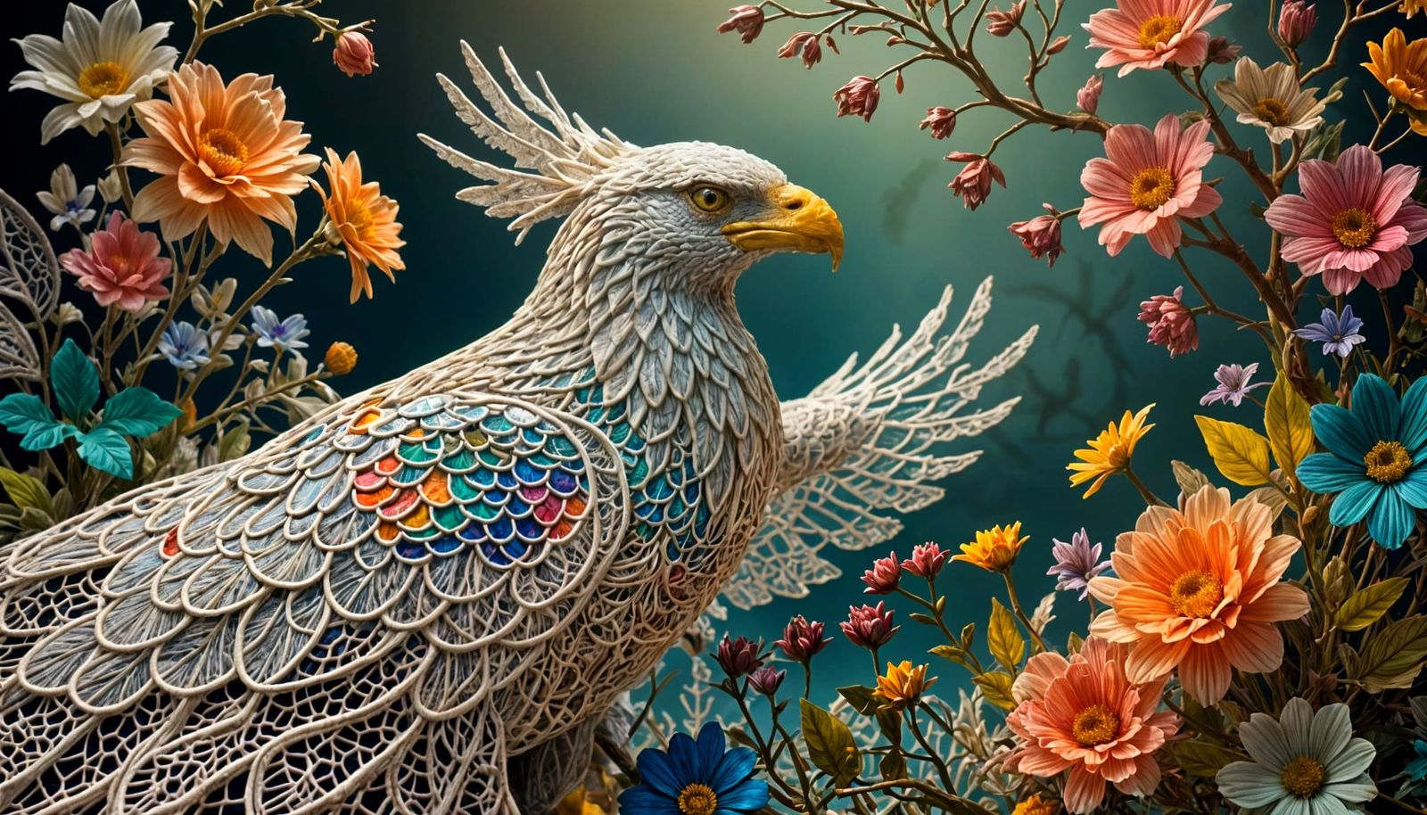 Lace Art Eagle with Blooming Flowers