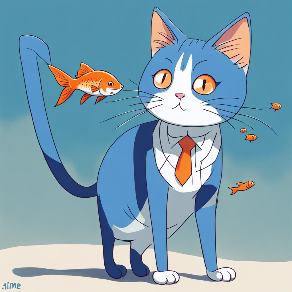Cartoon Cat and Fish in Anime Style