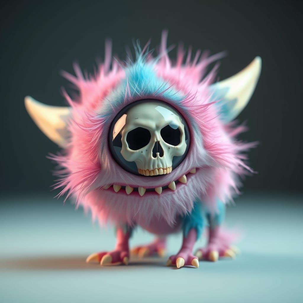 Pink and Blue Furry Creature with Skull Eye