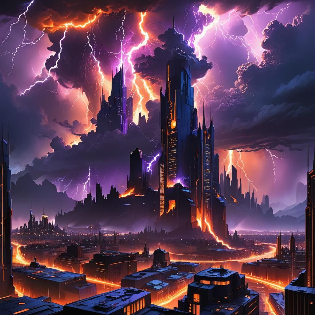 Orange Lightning Engulfs Futuristic Cityscape
