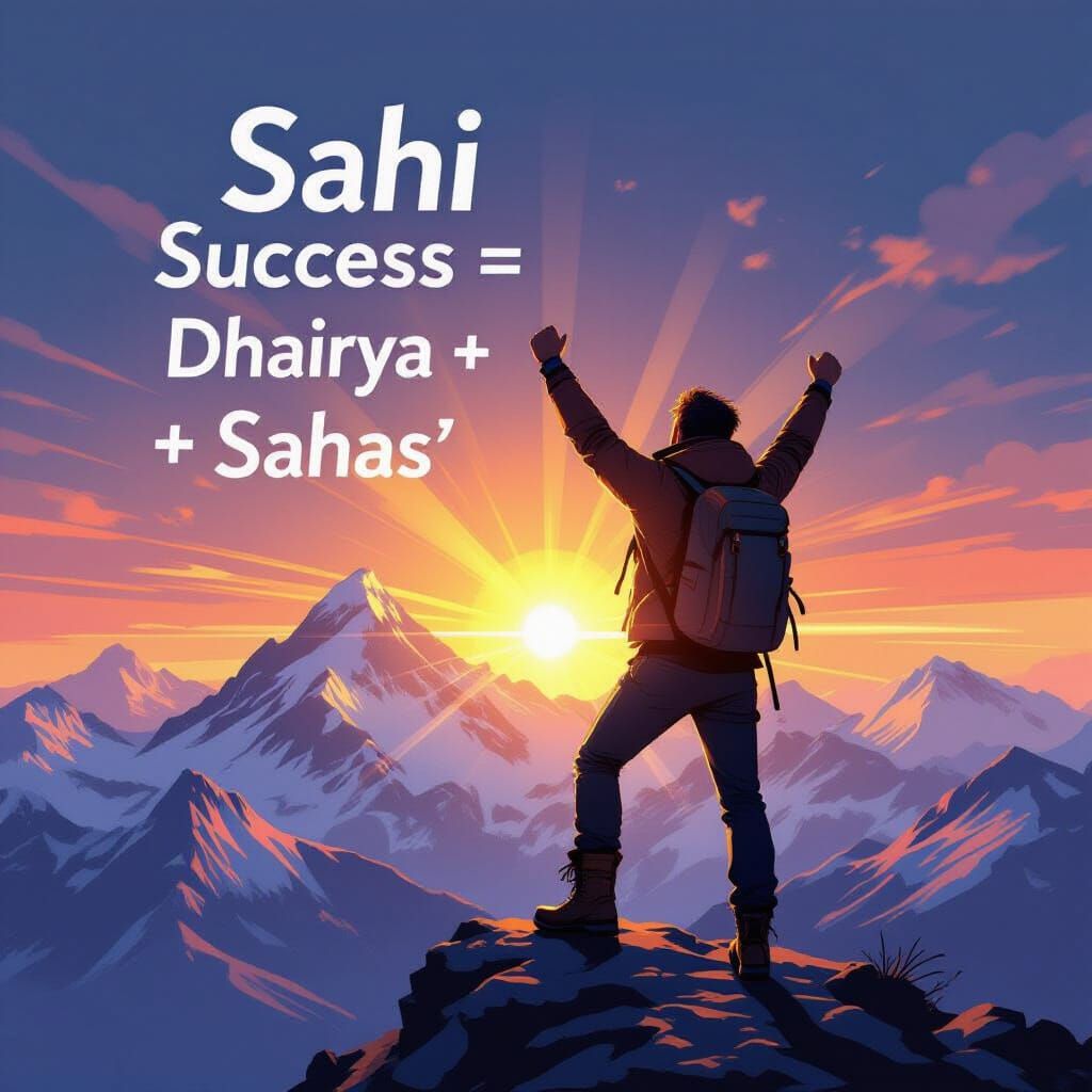 Victorious Man on Mountain Peak at Sunrise